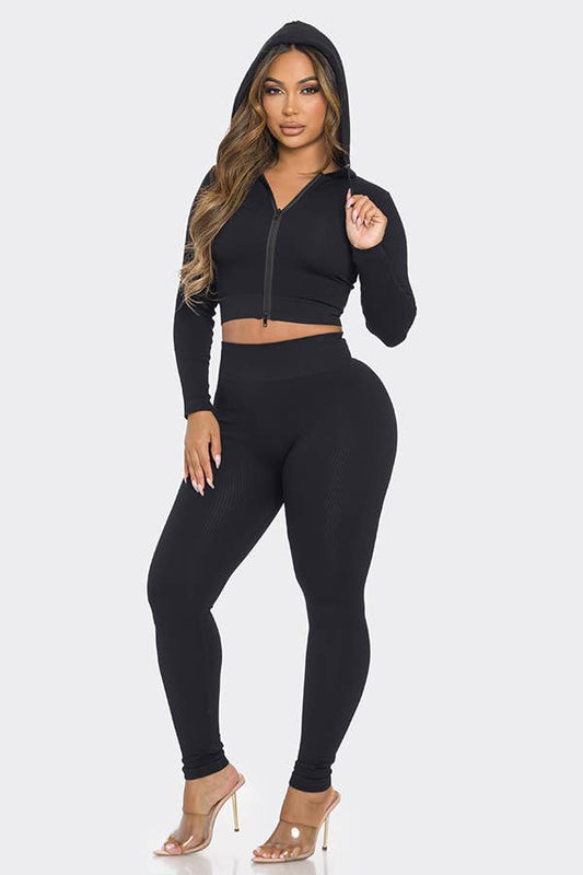 2 Pcs Seamless Long Sleeve Hoodie and Highwaist Legging Set: 3 S/M / 3 L/XL / BLACK