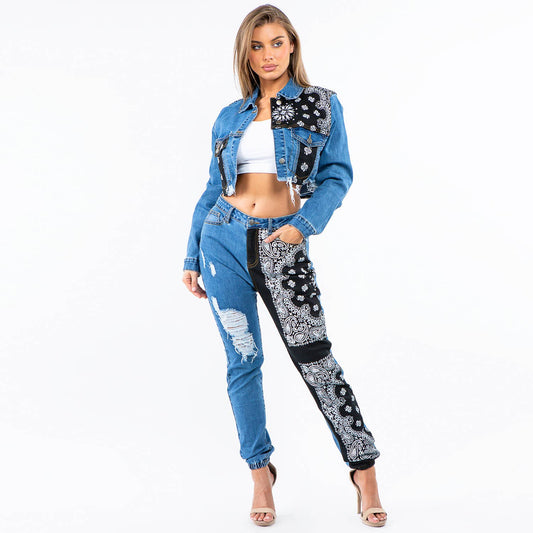 BANDANA PATCH JACKET JEANS SET-SET20324: MEDIUM / BLACK