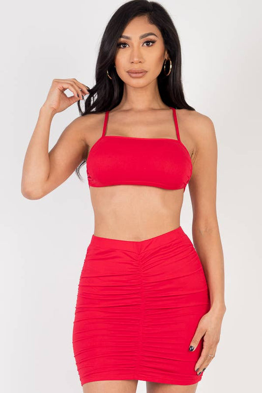 Red & Ruched Skirt Set
