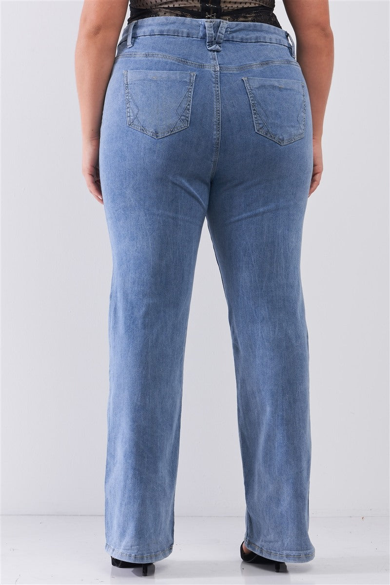 Plus Mid-wash Blue Denim Low-rise Wide-leg Upsized Basic Dad Jeans