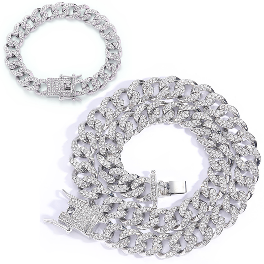 Iced Out HipHop Necklace & Bracelet Set (20mm width; Silver)