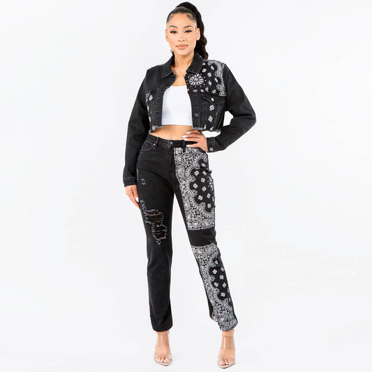 BANDANA PATCH JACKET JEANS SET-SET20324: MEDIUM / BLACK